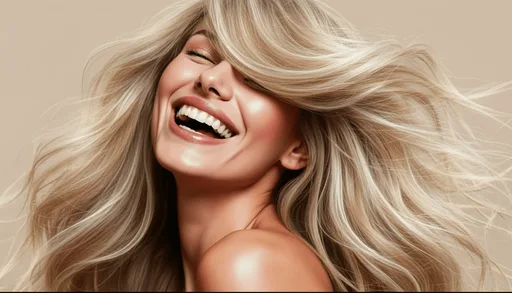 Femeie zâmbind, cu păr blond luminos, voluminos și în mișcare